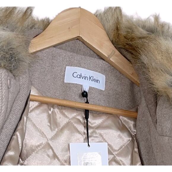 Calvin Klein Tan Herringbone Wool Coat Faux Fur Hood Size L NWT - Picture 4 of 10